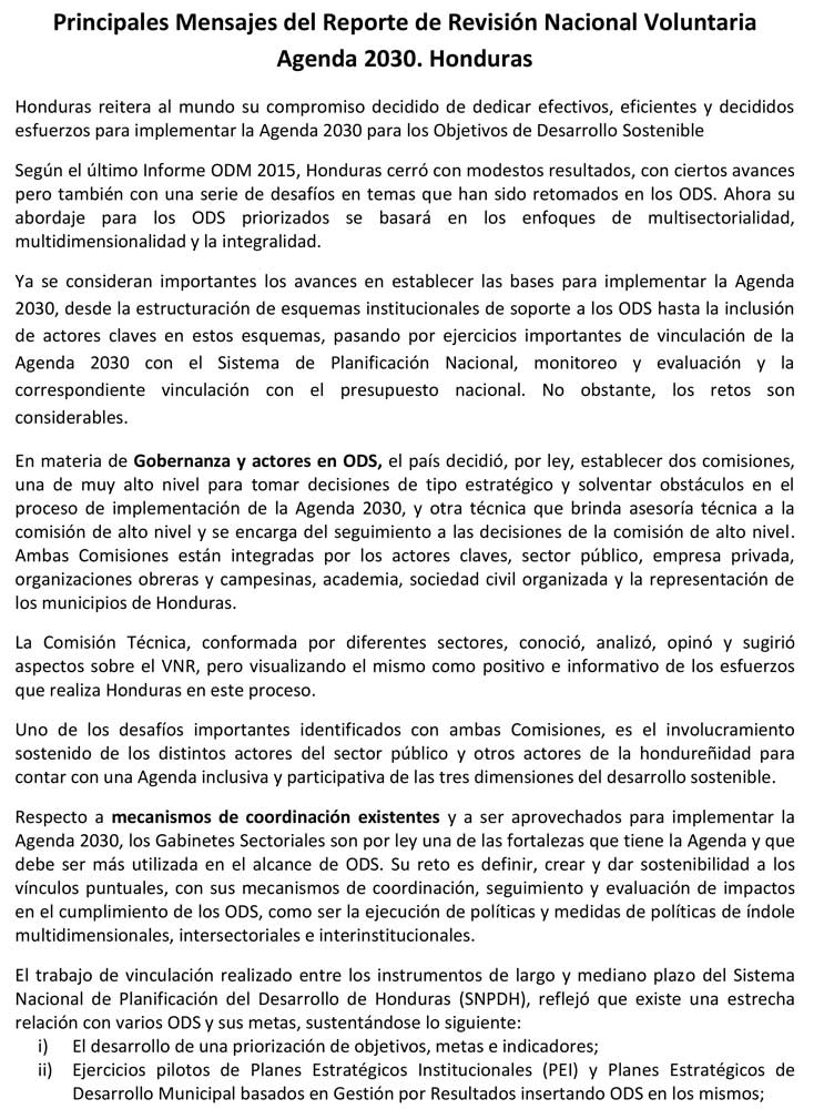 Principales Mensajes del Reporte de Revisión Nacional Voluntaria Agenda 2030 Honduras