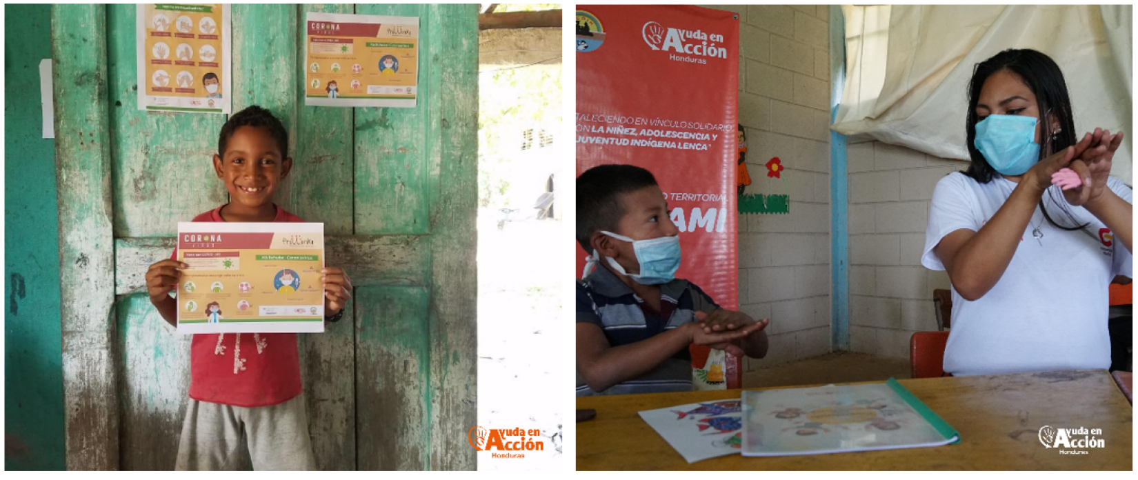 Dos fotos: en la primera un niño garifuna muestra materiales educativos de COVID-19 en la segunda se ve la capacitación sobre lavado de manos de una maestra y un niño