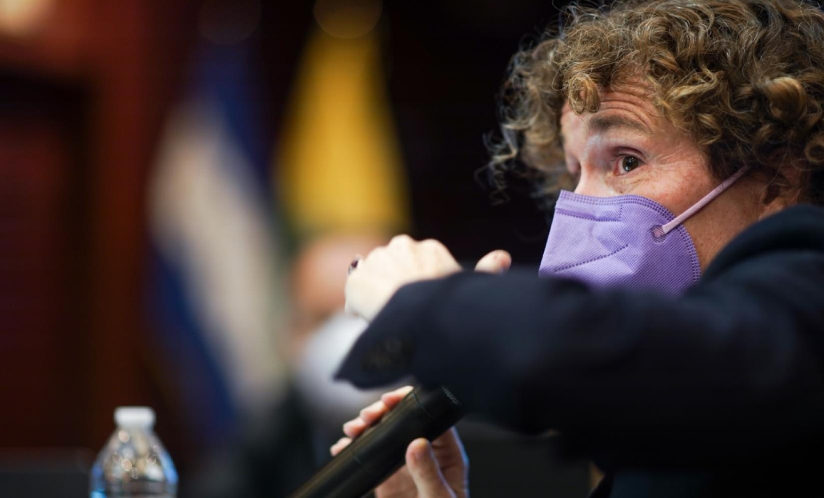 Alice Shackelford, Coordinadora Residente de las Naciones Unidas con una mascarilla morada dando declaraciones