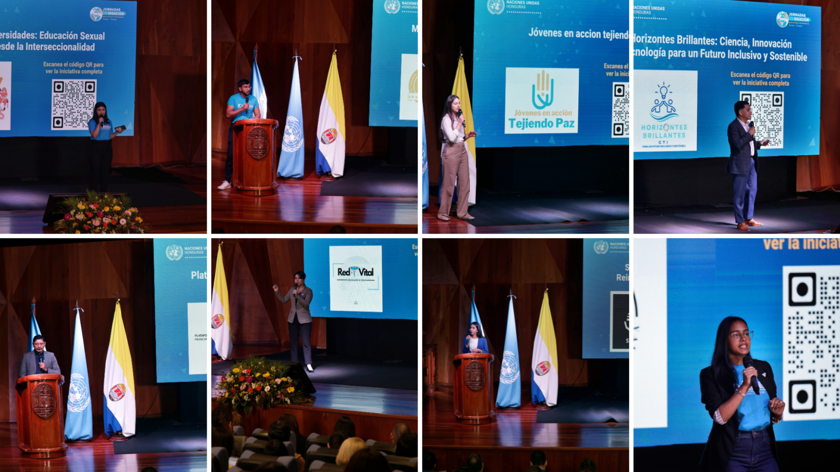 Collage de las y los representantes presentando sus iniciativas en el escenario del Auditorio Alma Mater de la UNAH.