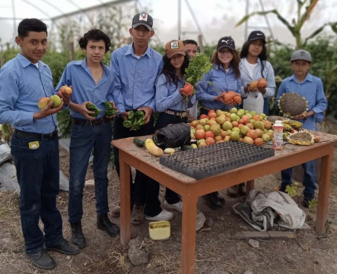 Grupo de jóvenes en un invernadero vestidos/vestidas con camisas de trabajo de color azul. Están sosteniendo diferentes productos agrícolas, como tomates, chiles y otras verduras recién cosechadas. Frente a ellos hay una mesa que también tiene una variedad de frutas y vegetales.